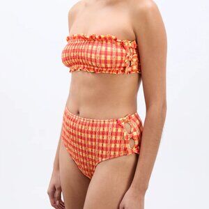 Damson Madder Shirred bow high bikini bottoms - orange gingham - UK 16 / US 12